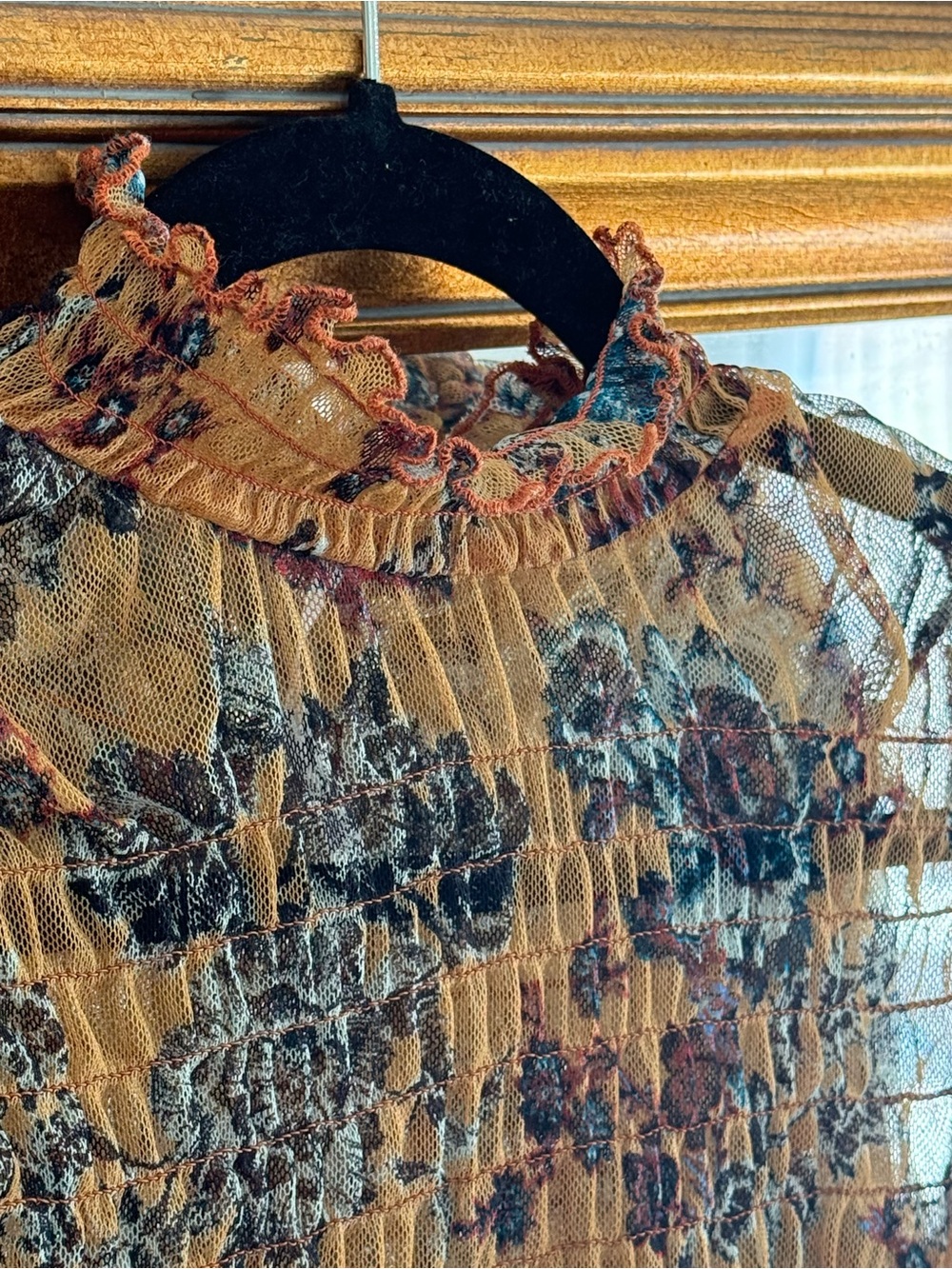 Free People Mustard Floral Sheer Smocked Long-Sleeve Top - Picture 3 of 5